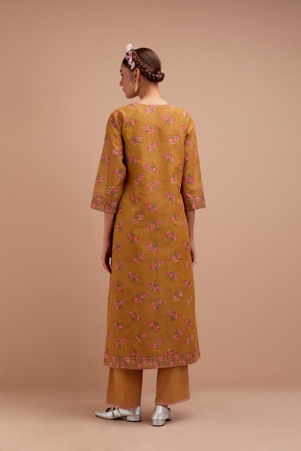 Olive Yellow Silk Chanderi straight kurta set with all-over Pink & Yellow floral hand block print.