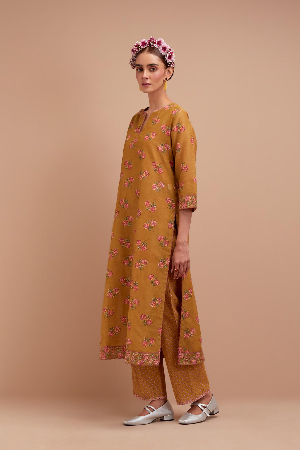Olive Yellow Silk Chanderi straight kurta set with all-over Pink & Yellow floral hand block print.