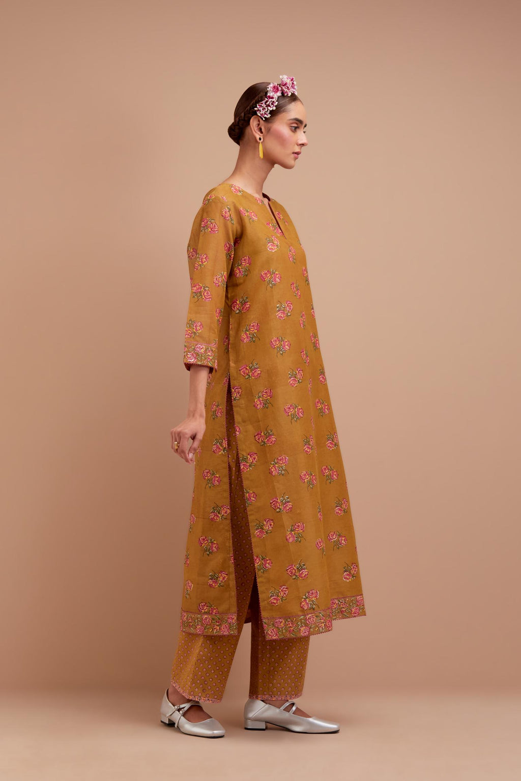 Olive Yellow Silk Chanderi straight kurta set with all-over Pink & Yellow floral hand block print.