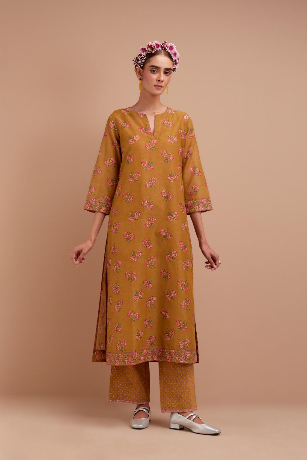 Olive Yellow Silk Chanderi straight kurta set with all-over Pink & Yellow floral hand block print.