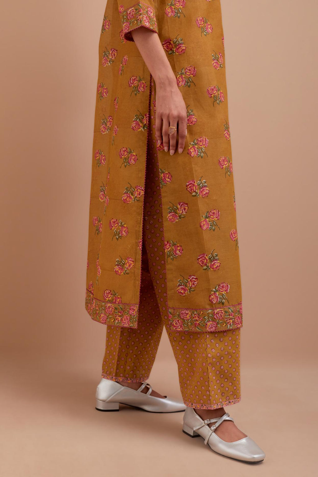 Olive Yellow Silk Chanderi straight kurta set with all-over Pink & Yellow floral hand block print.