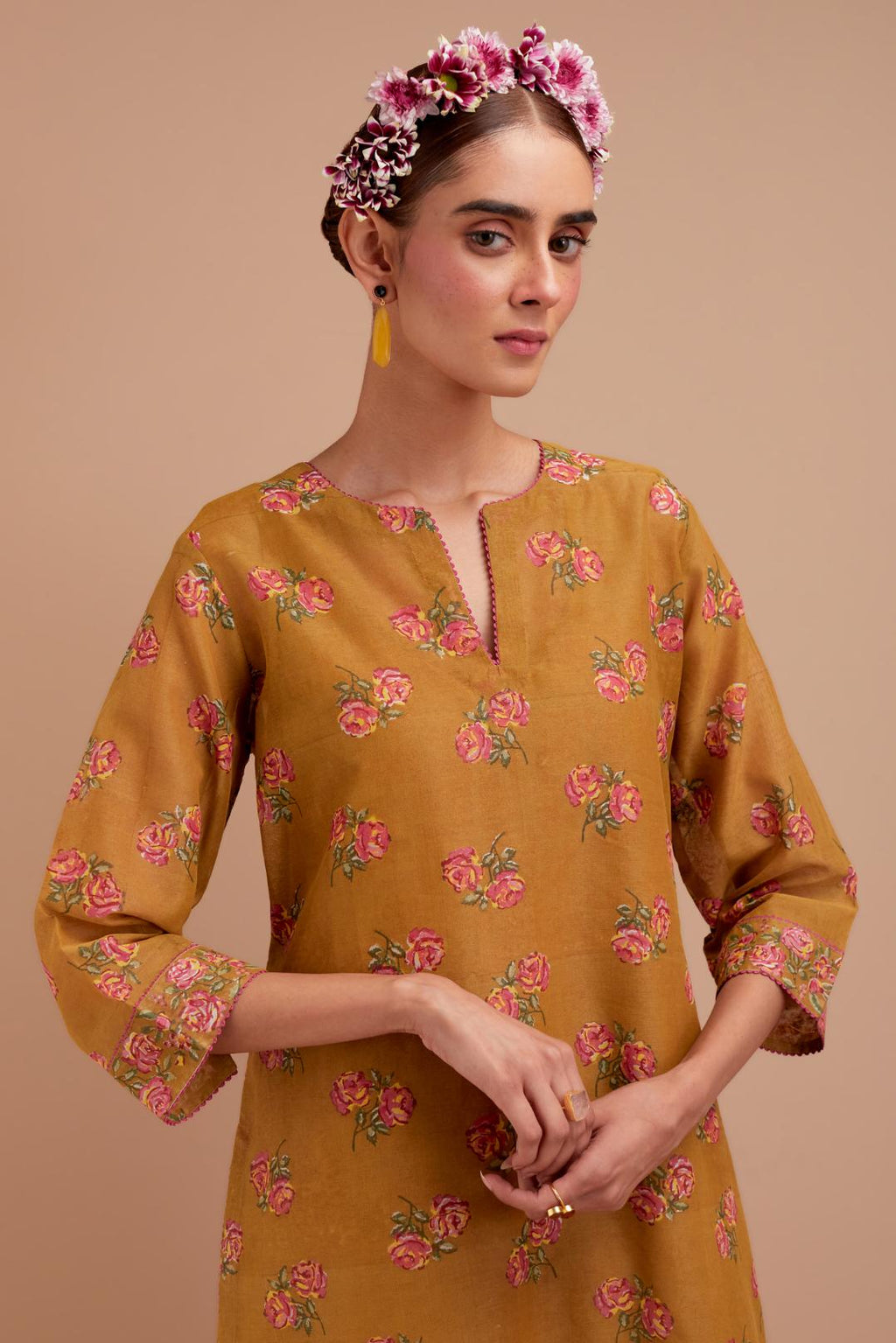 Olive Yellow Silk Chanderi straight kurta set with all-over Pink & Yellow floral hand block print.