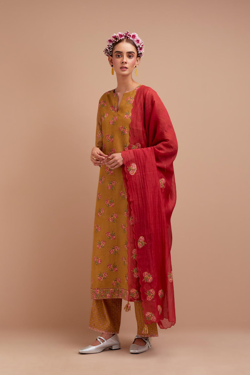 Olive Yellow Silk Chanderi straight kurta set with all-over Pink & Yellow floral hand block print.