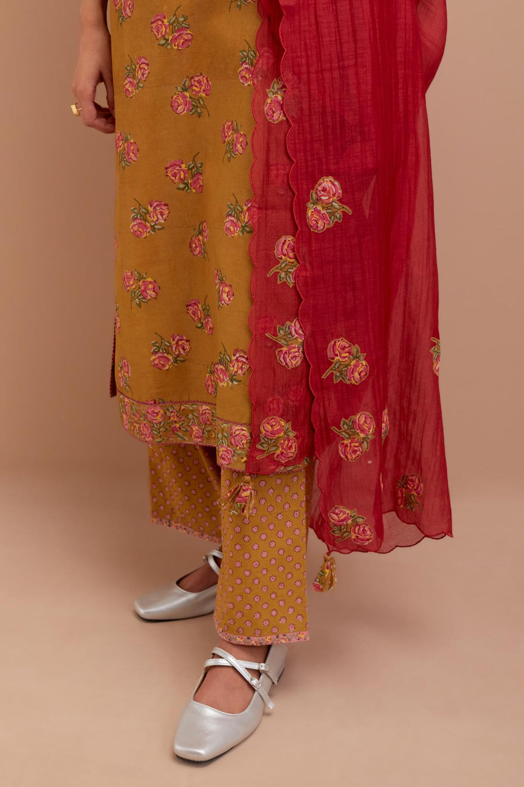 Olive Yellow Silk Chanderi straight kurta set with all-over Pink & Yellow floral hand block print.