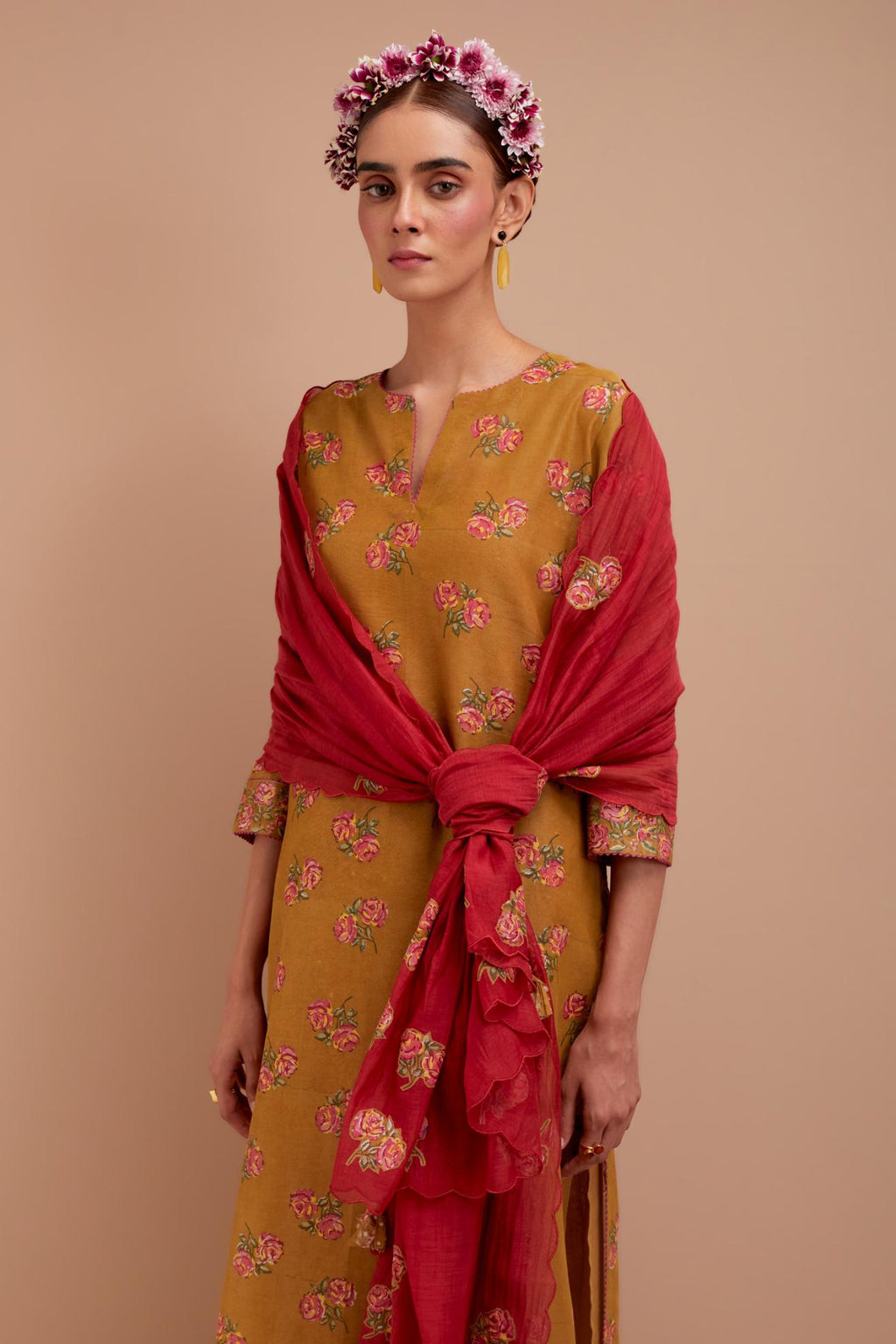 Olive Yellow Silk Chanderi straight kurta set with all-over Pink & Yellow floral hand block print.