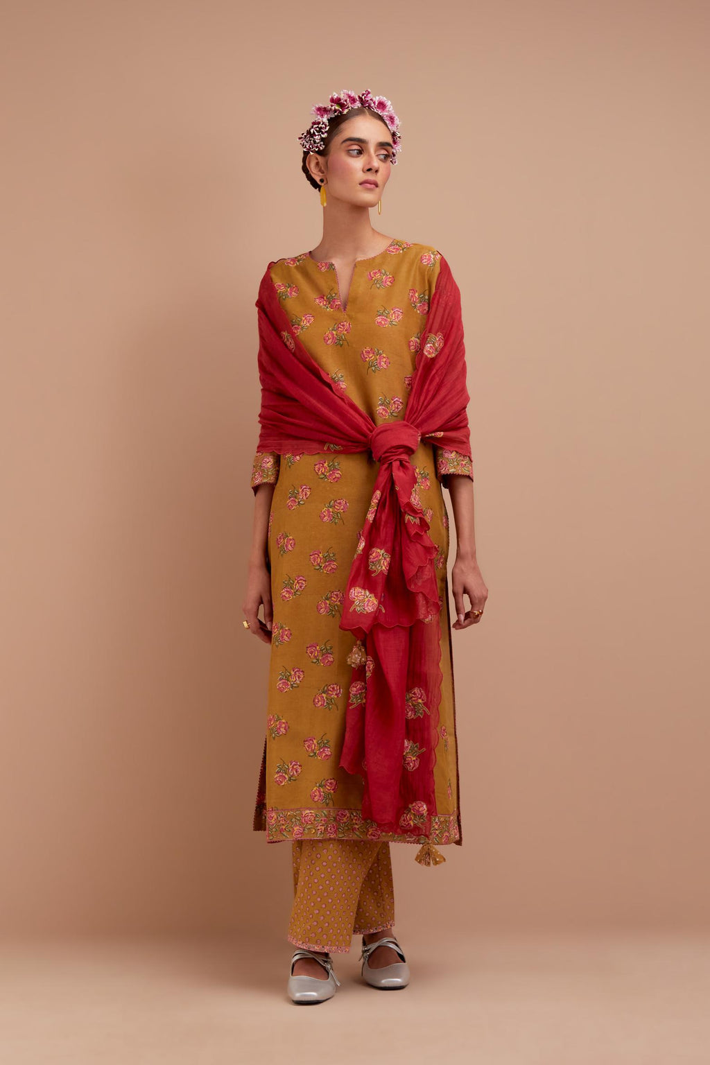 Olive Yellow Silk Chanderi straight kurta set with all-over Pink & Yellow floral hand block print.