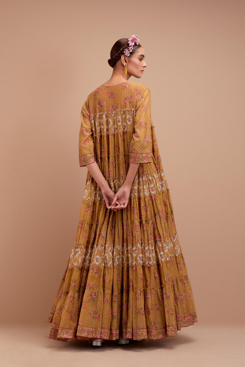 Olive Yellow hand block printed multi-tiered kurta dress set with 3/4 sleeves, highlighted with quilted yoke in front and back.