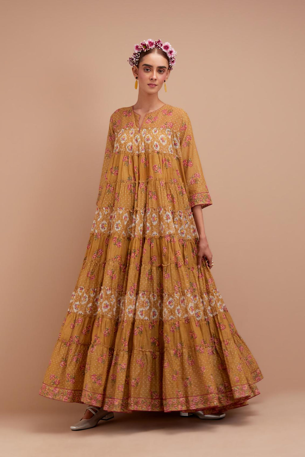 Olive Yellow hand block printed multi-tiered kurta dress set with 3/4 sleeves, highlighted with quilted yoke in front and back.