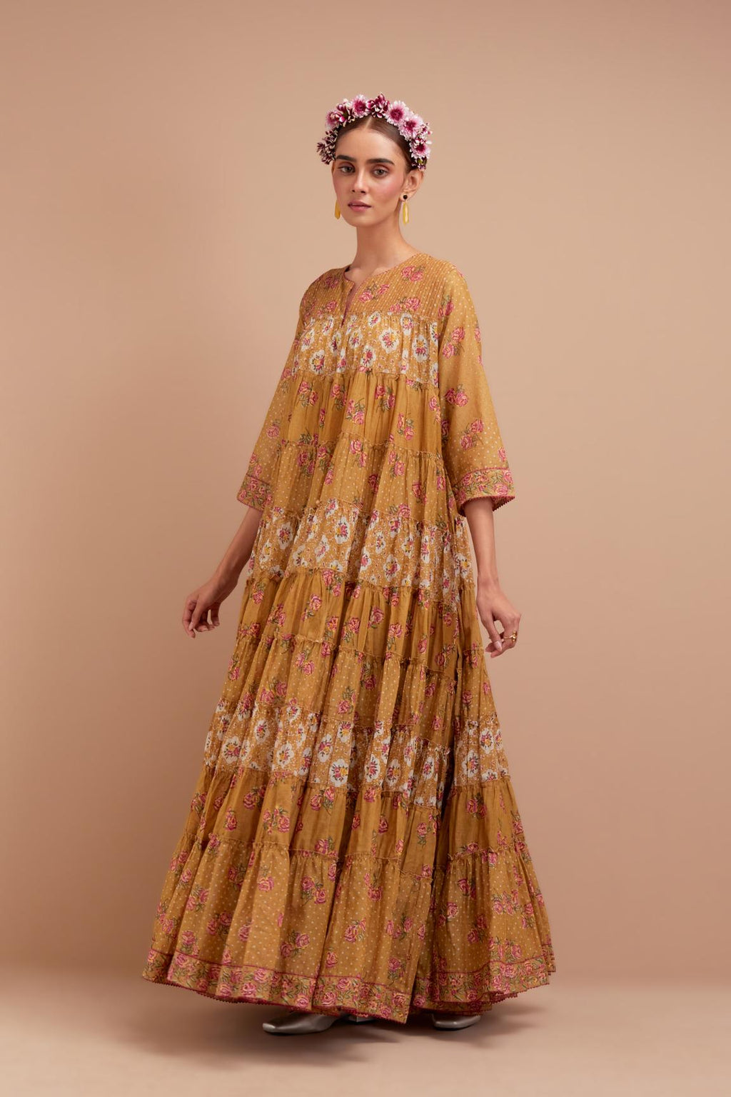 Olive Yellow hand block printed multi-tiered kurta dress set with 3/4 sleeves, highlighted with quilted yoke in front and back.