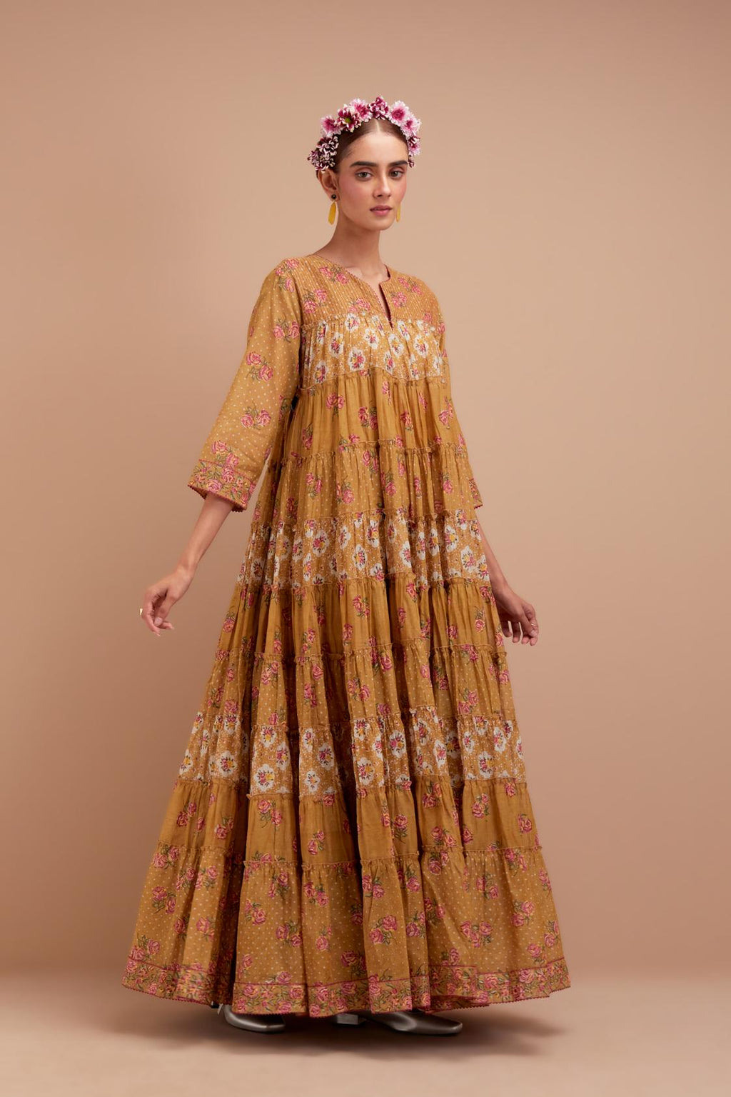 Olive Yellow hand block printed multi-tiered kurta dress set with 3/4 sleeves, highlighted with quilted yoke in front and back.