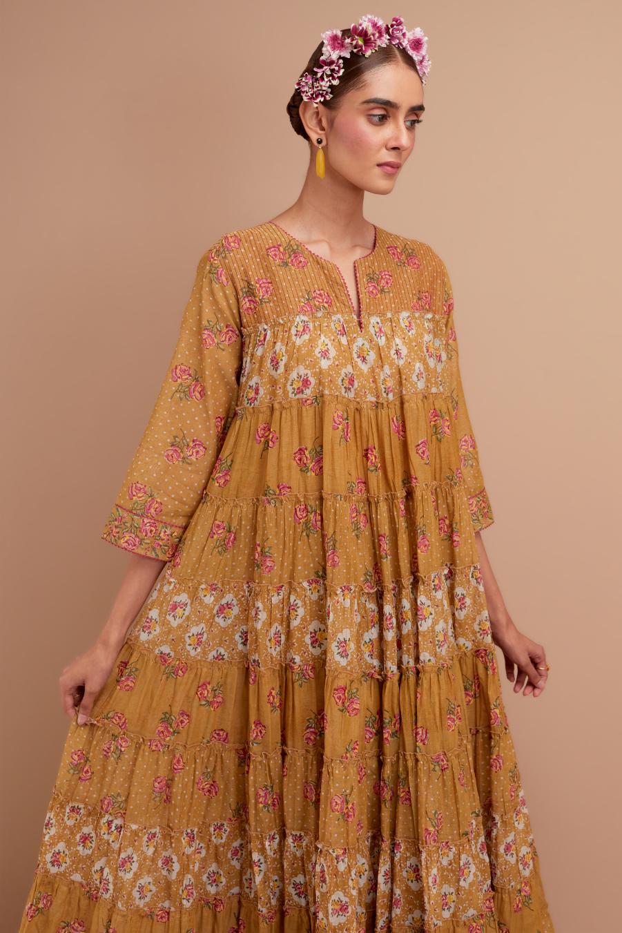 Olive Yellow hand block printed multi-tiered kurta dress set with 3/4 sleeves, highlighted with quilted yoke in front and back.