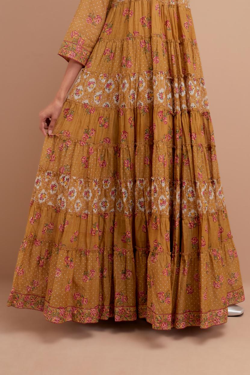 Olive Yellow hand block printed multi-tiered kurta dress set with 3/4 sleeves, highlighted with quilted yoke in front and back.