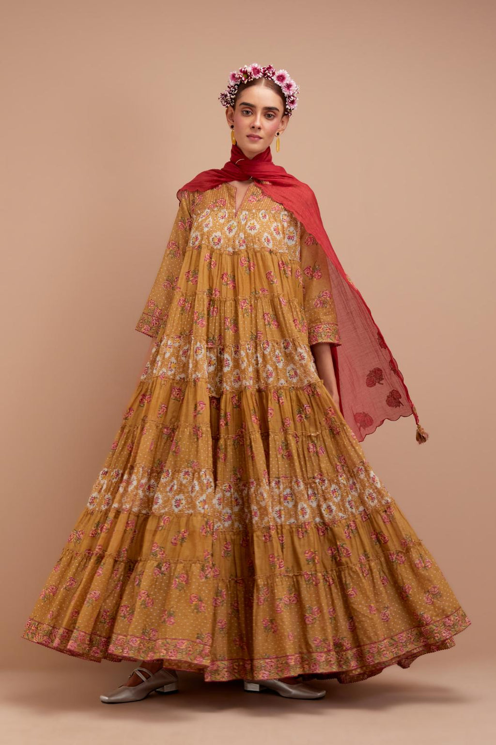 Olive Yellow hand block printed multi-tiered kurta dress set with 3/4 sleeves, highlighted with quilted yoke in front and back.