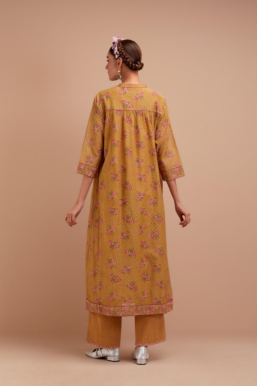 Olive Yellow Silk Chanderi Kurta dress set with all-over Pink & Yellow floral hand block print.
