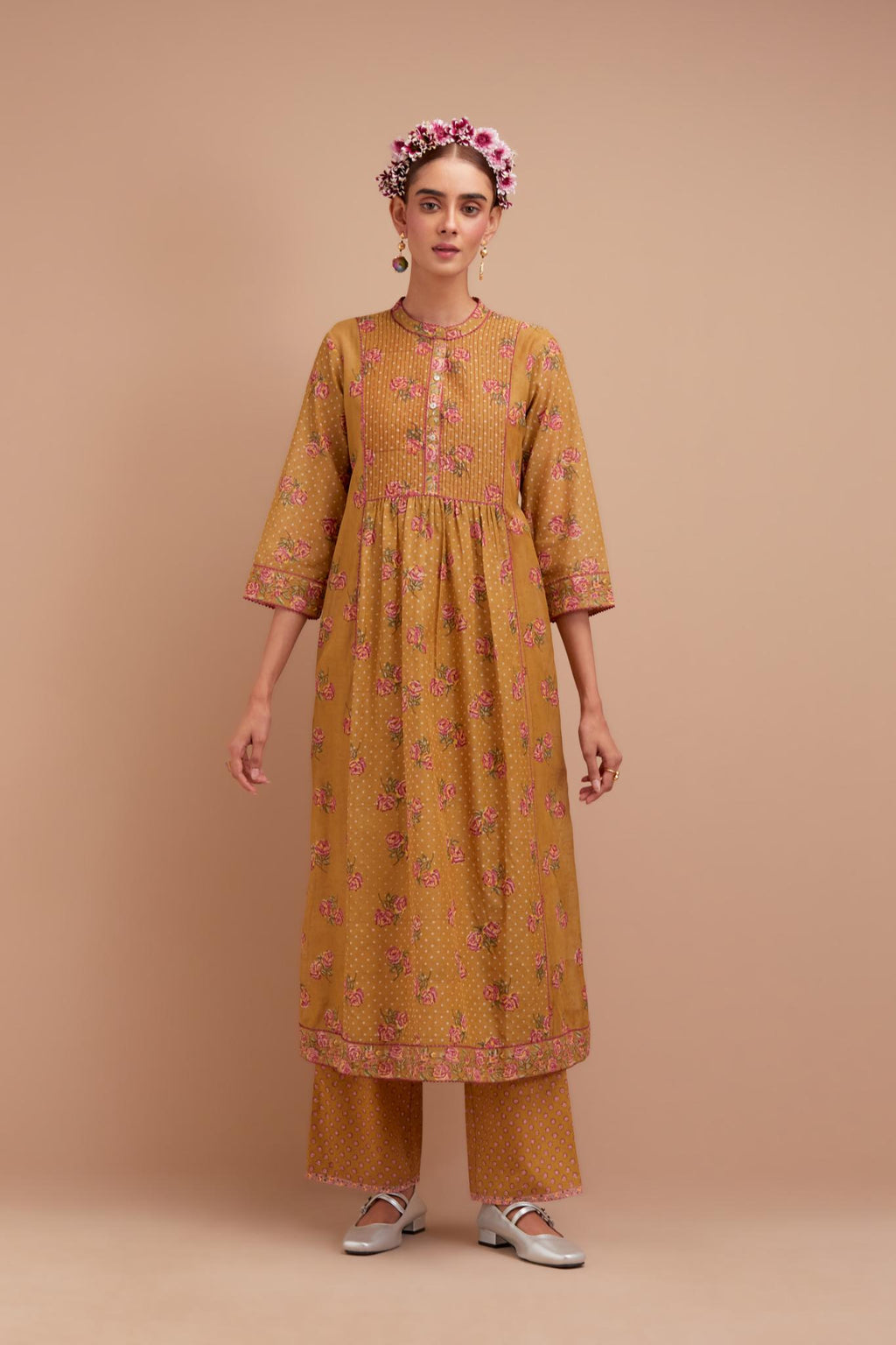 Olive Yellow Silk Chanderi Kurta dress set with all-over Pink & Yellow floral hand block print.