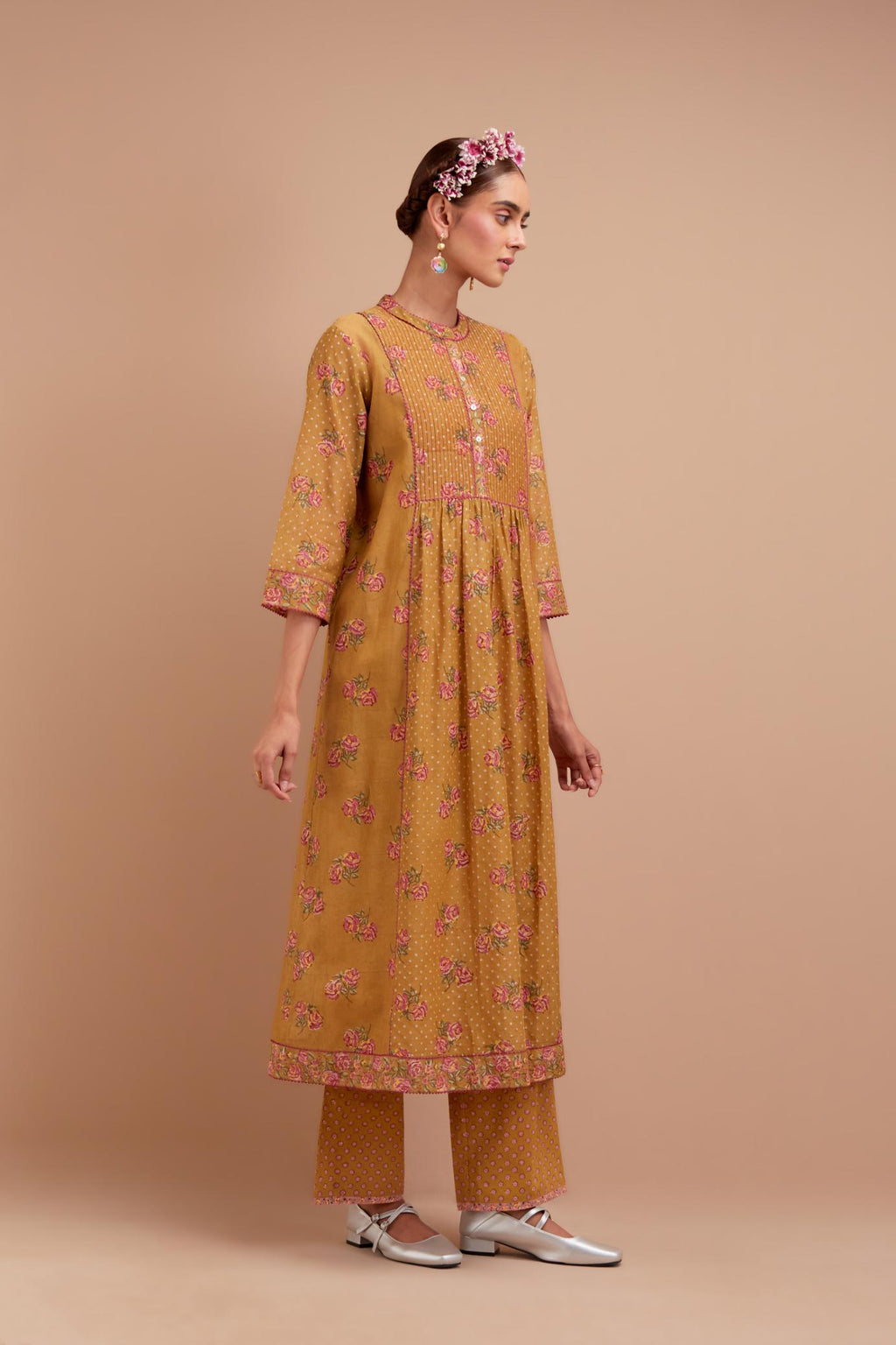 Olive Yellow Silk Chanderi Kurta dress set with all-over Pink & Yellow floral hand block print.