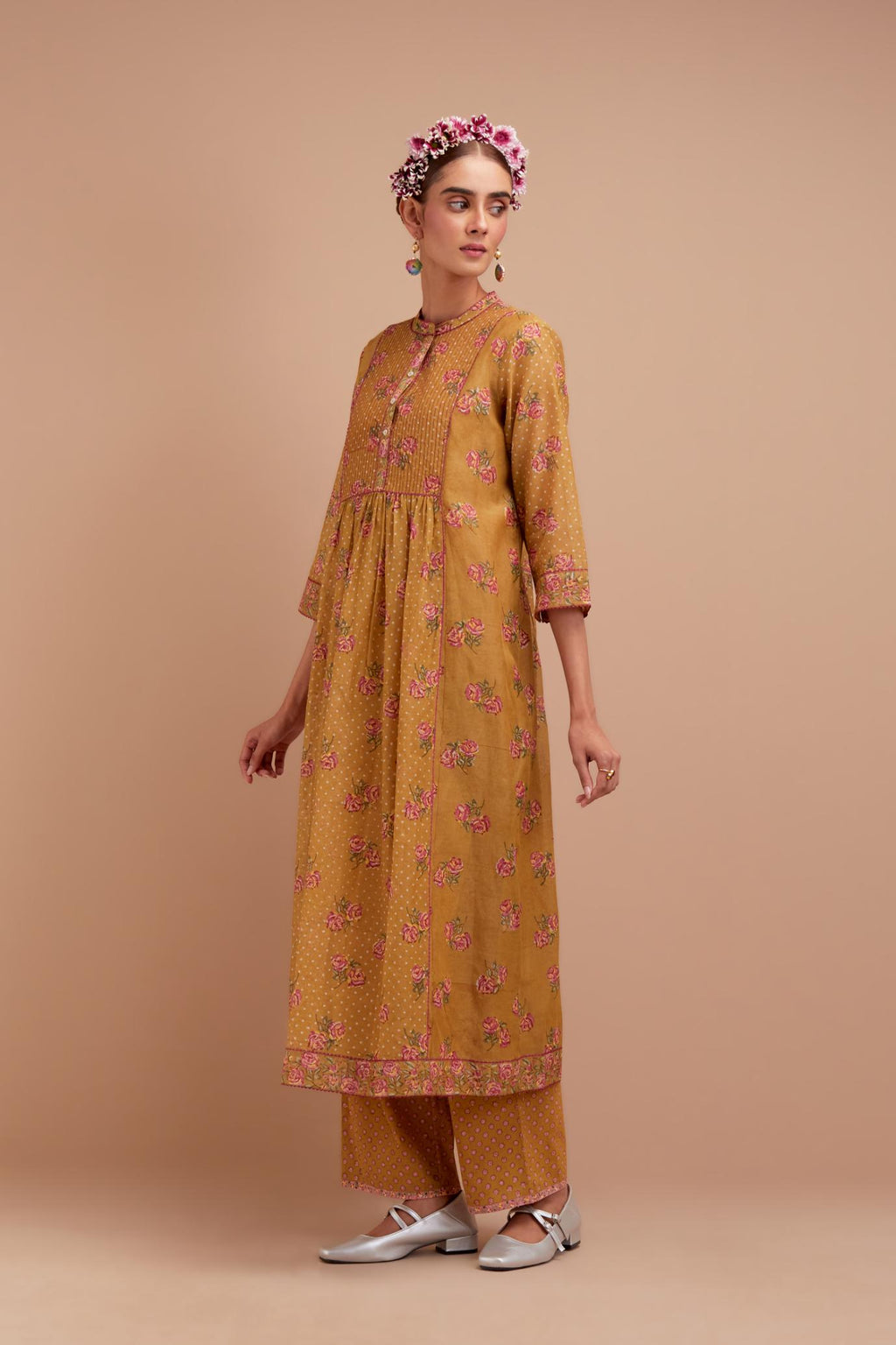 Olive Yellow Silk Chanderi Kurta dress set with all-over Pink & Yellow floral hand block print.