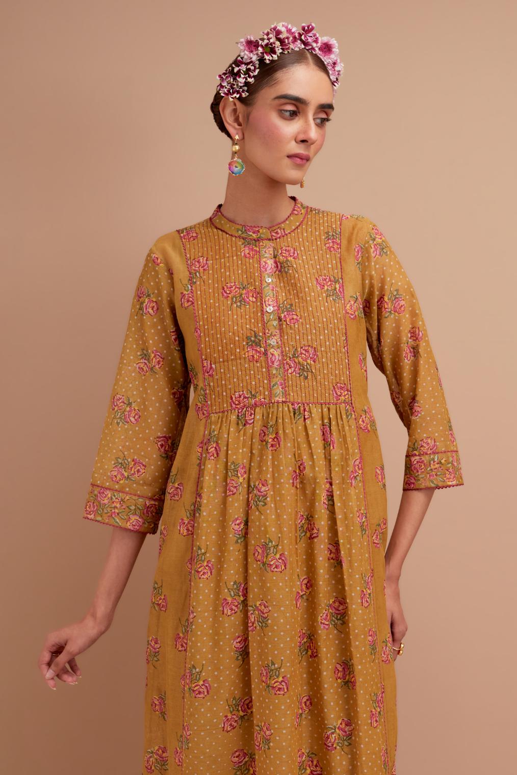 Olive Yellow Silk Chanderi Kurta dress set with all-over Pink & Yellow floral hand block print.