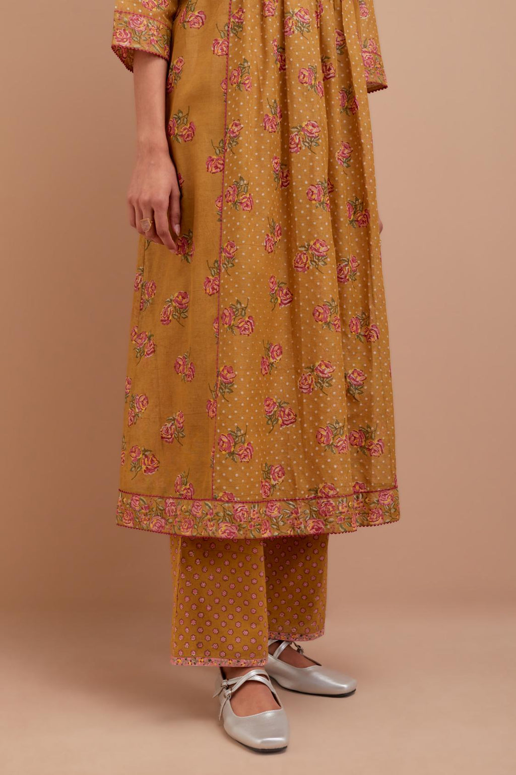 Olive Yellow Silk Chanderi Kurta dress set with all-over Pink & Yellow floral hand block print.