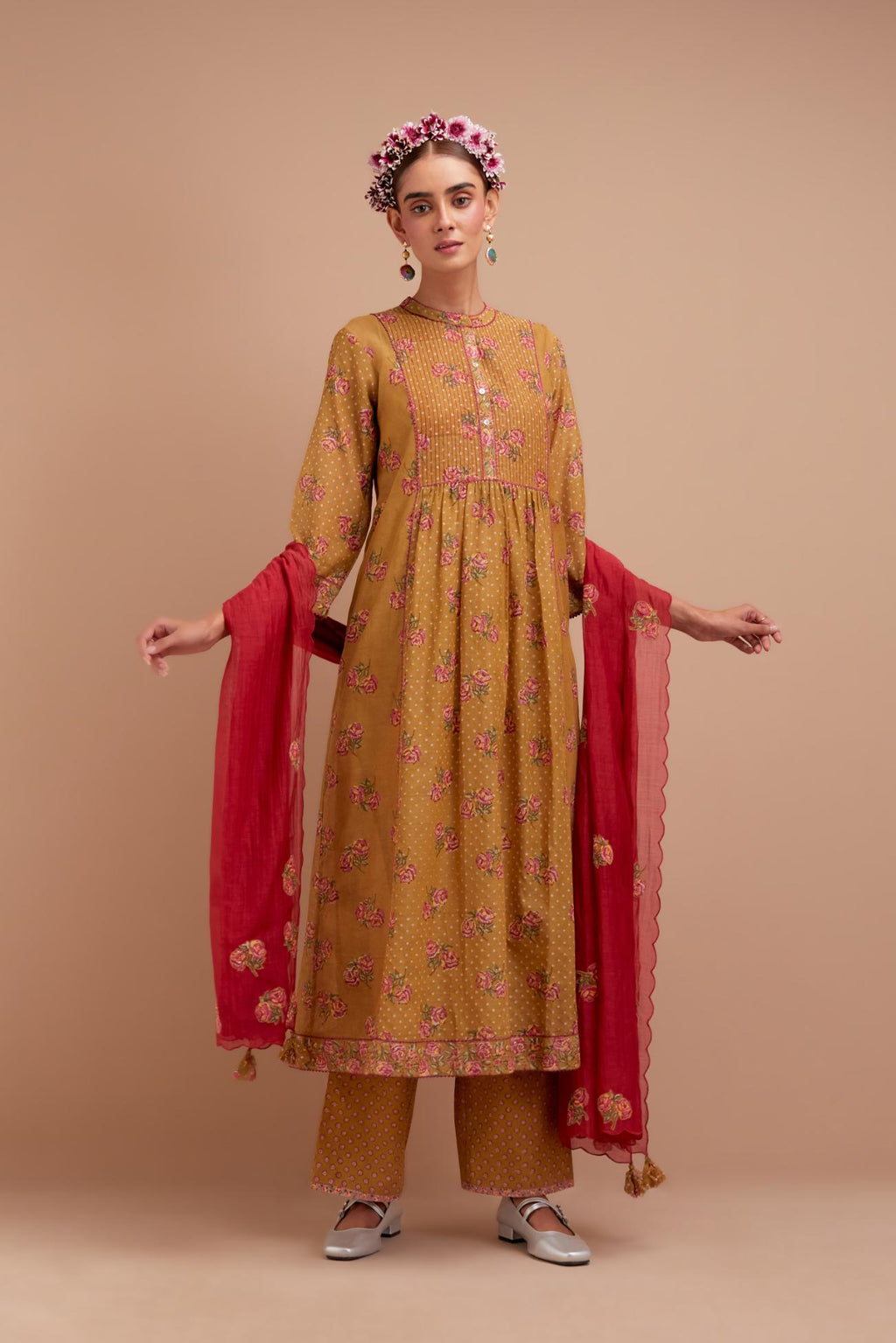 Olive Yellow Silk Chanderi Kurta dress set with all-over Pink & Yellow floral hand block print.