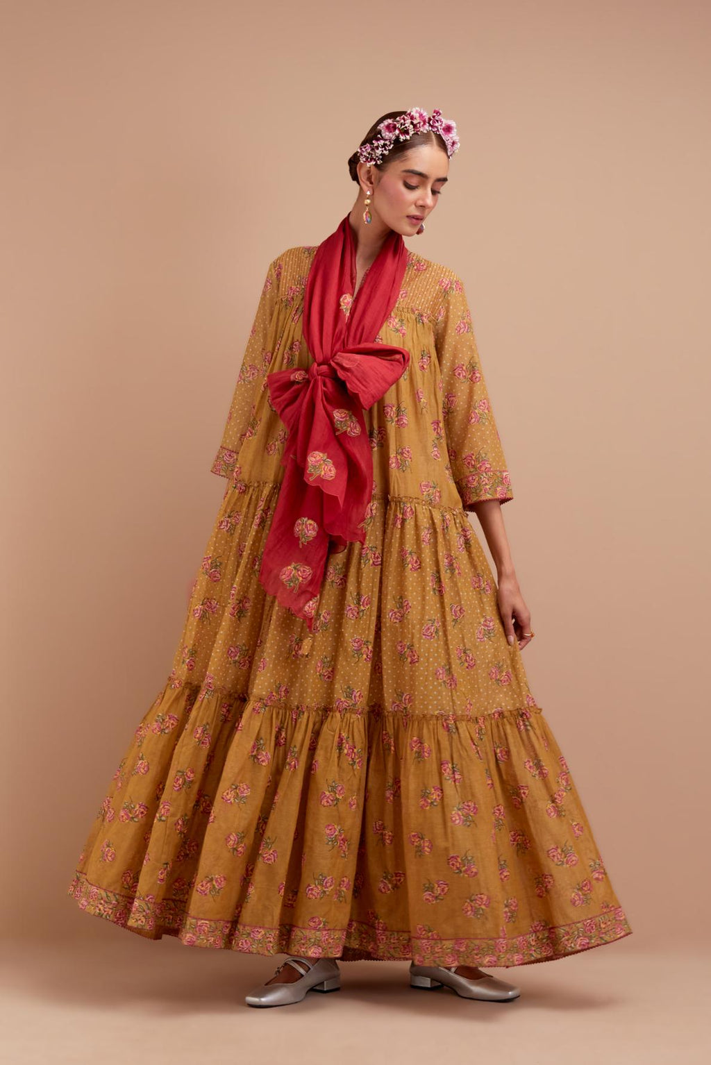 Olive Yellow three-tiered kurta set with quilted yoke and all-over Pink & Yellow floral hand block print.