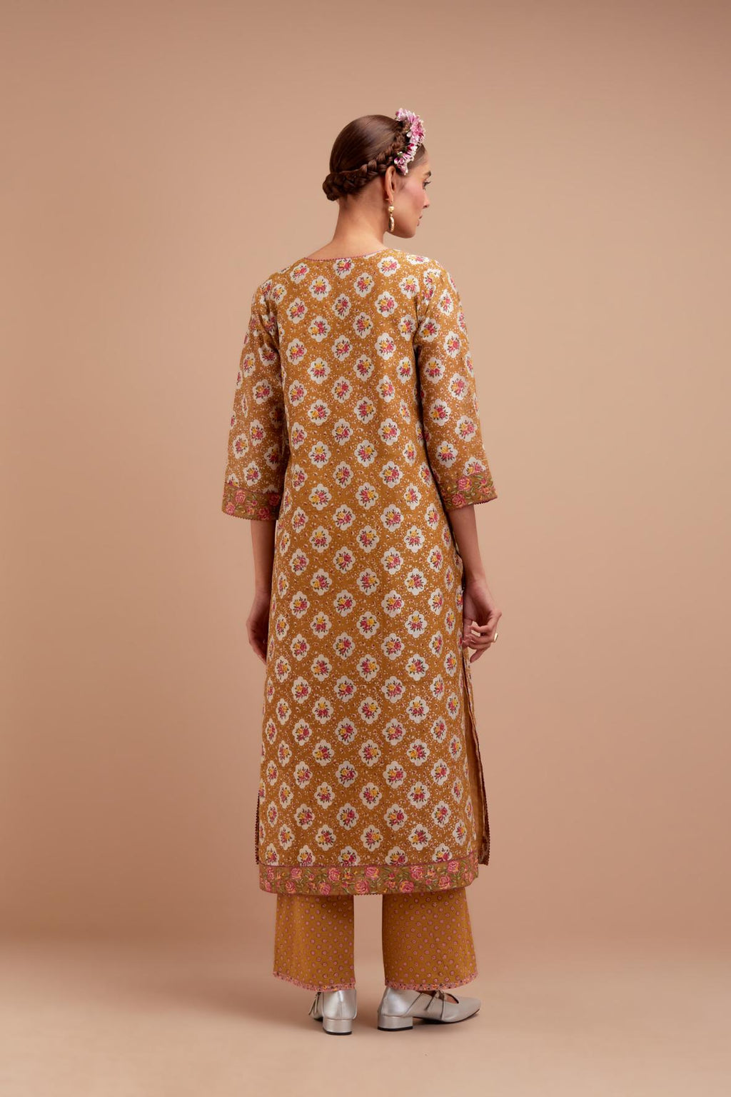 Olive Yellow Silk Chanderi kurta set with all-over Pink & Yellow floral hand-block print.