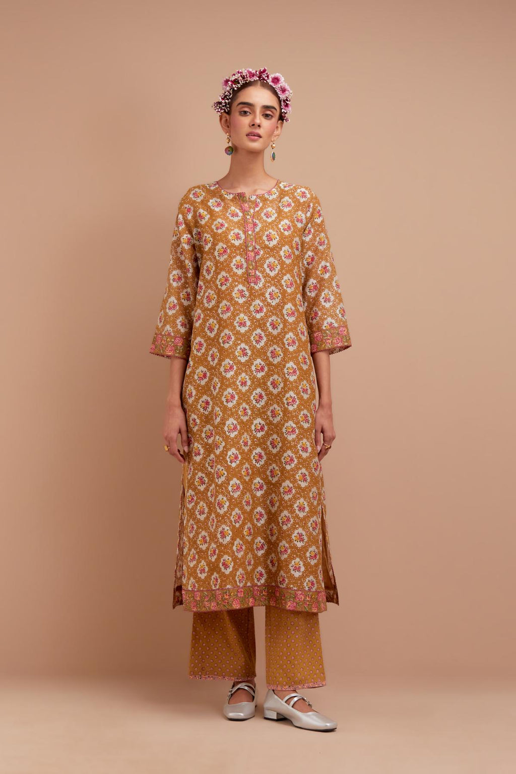 Olive Yellow Silk Chanderi kurta set with all-over Pink & Yellow floral hand-block print.