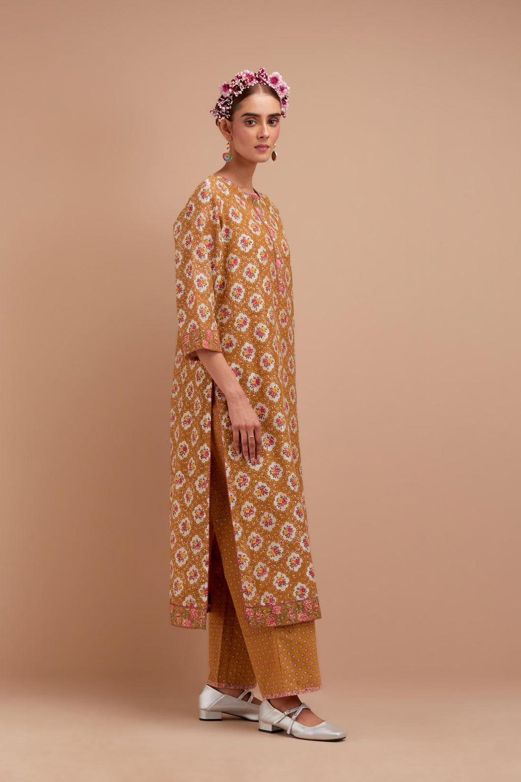 Olive Yellow Silk Chanderi kurta set with all-over Pink & Yellow floral hand-block print.
