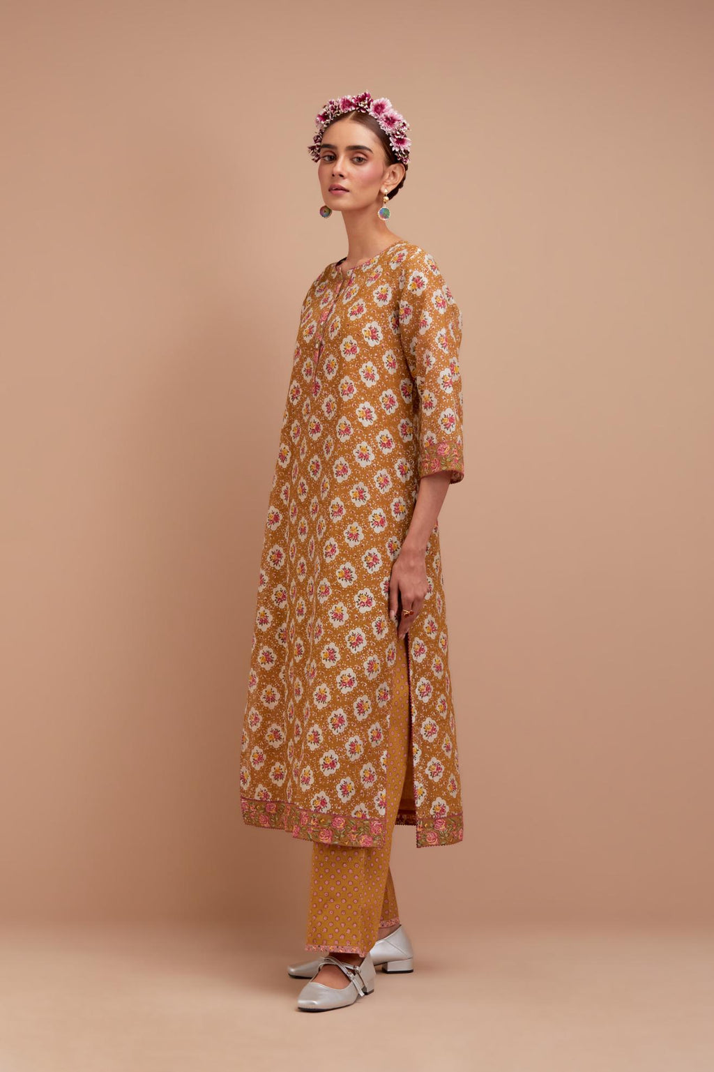 Olive Yellow Silk Chanderi kurta set with all-over Pink & Yellow floral hand-block print.