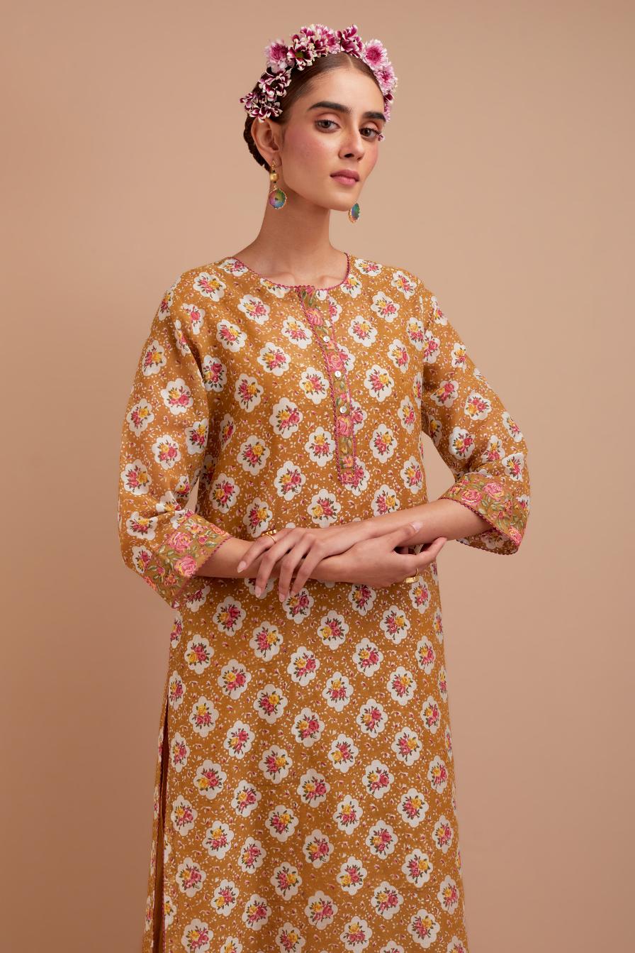 Olive Yellow Silk Chanderi kurta set with all-over Pink & Yellow floral hand-block print.