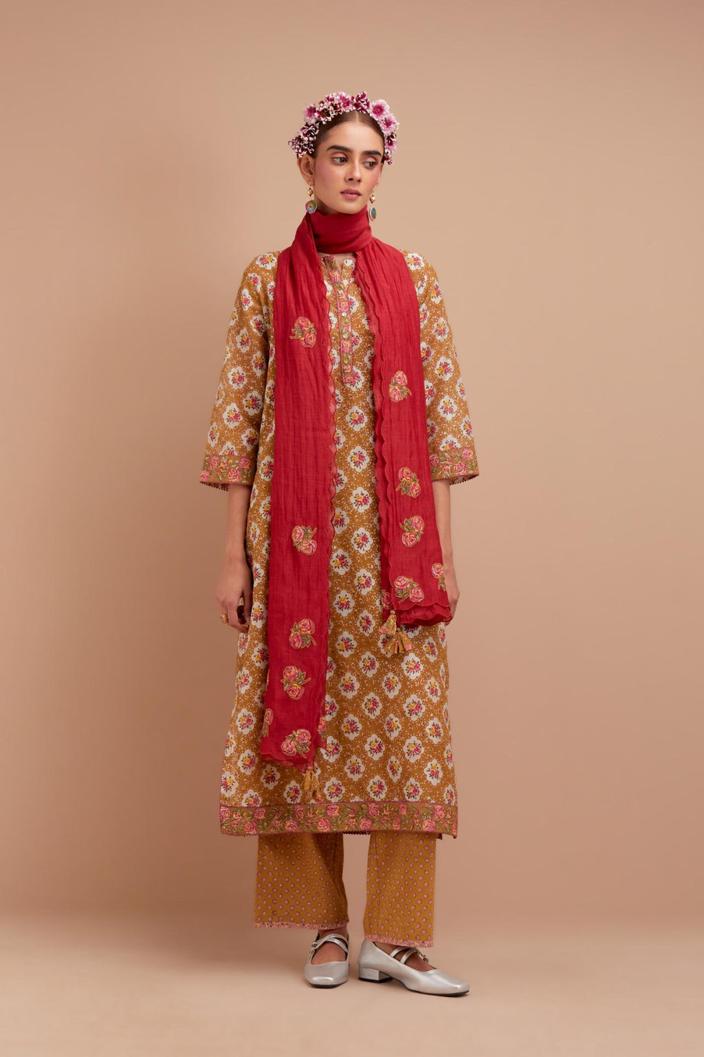 Olive Yellow Silk Chanderi kurta set with all-over Pink & Yellow floral hand-block print.