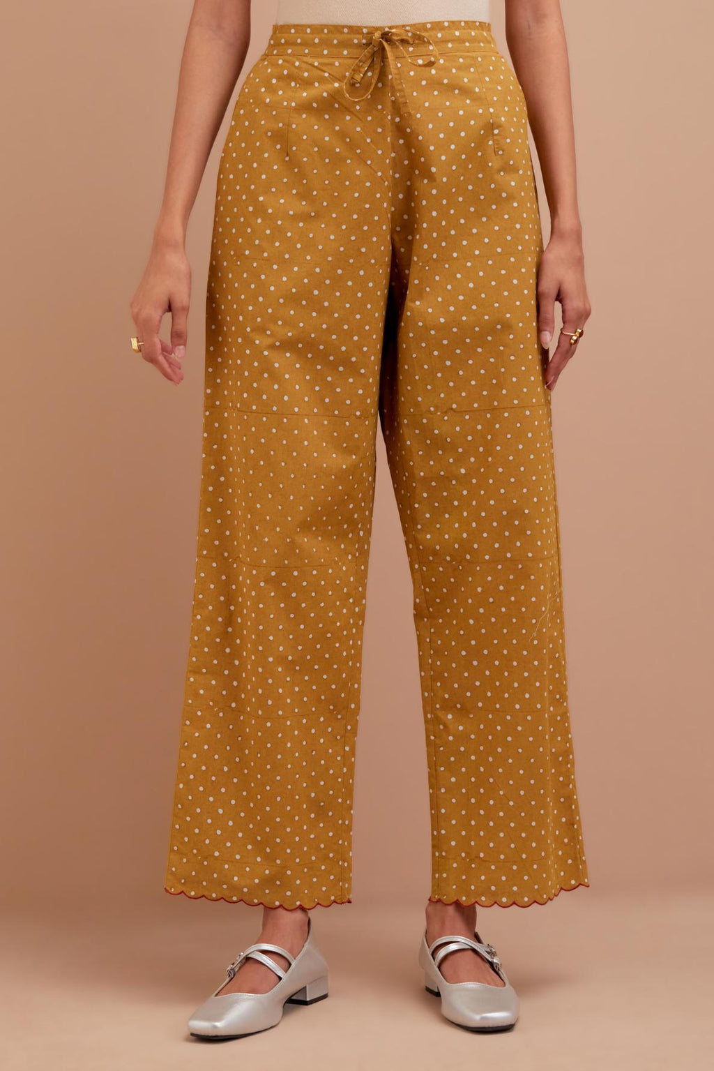 Olive Yellow Cotton straight pants with all-polka dot hand block print.