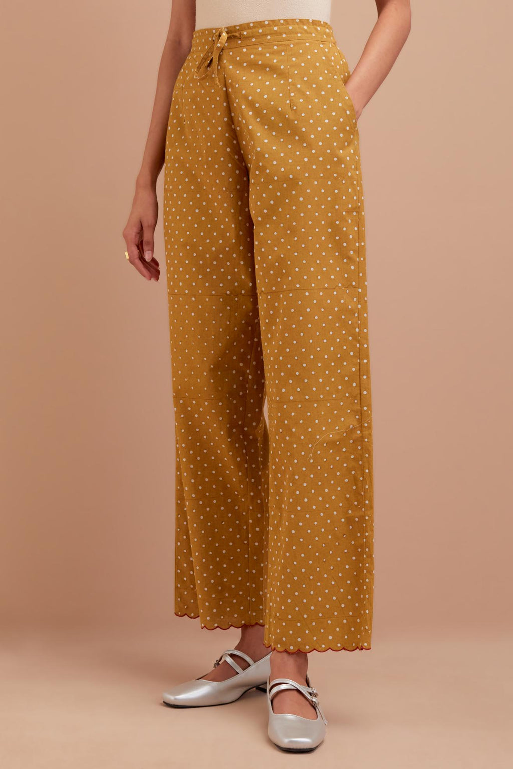 Olive Yellow Cotton straight pants with all-polka dot hand block print.