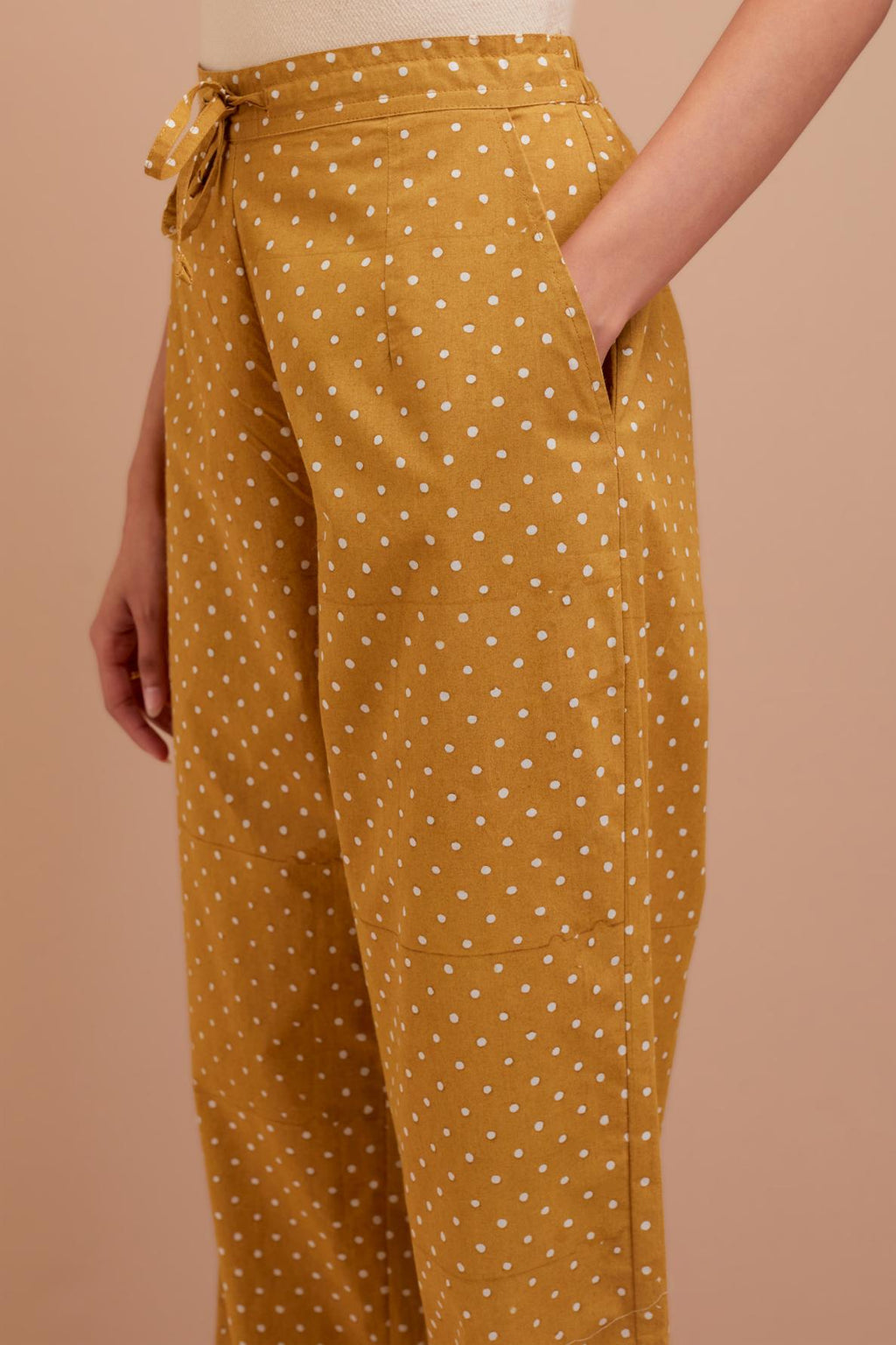 Olive Yellow Cotton straight pants with all-polka dot hand block print.