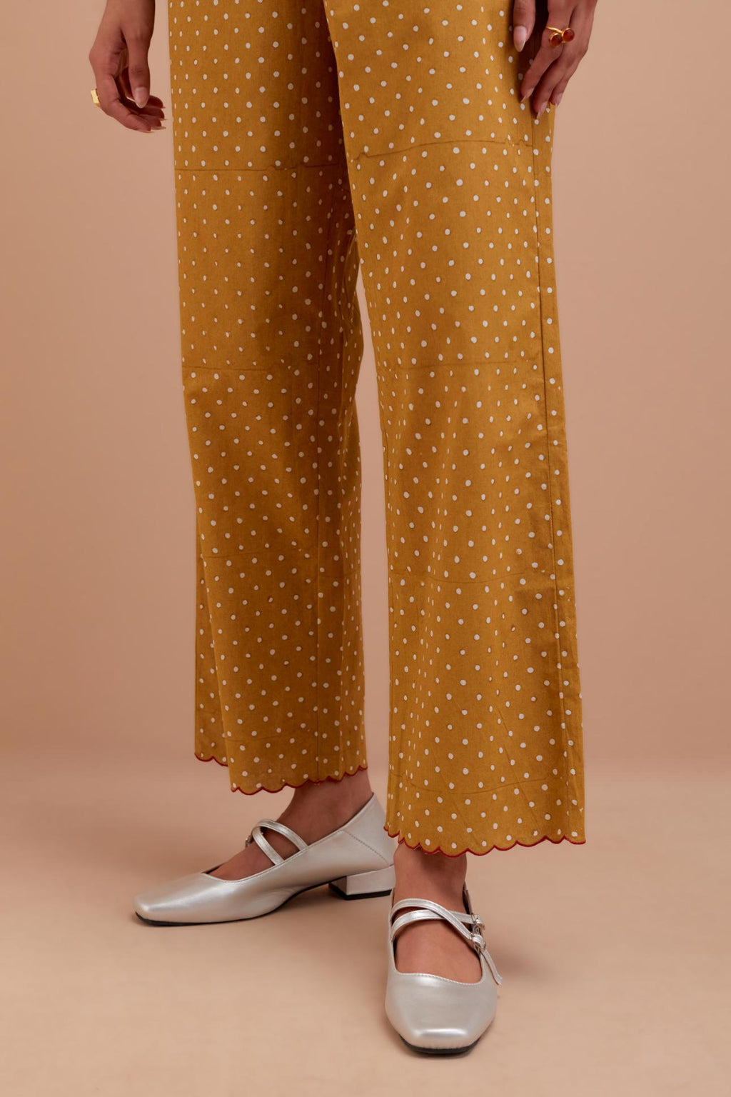 Olive Yellow Cotton straight pants with all-polka dot hand block print.