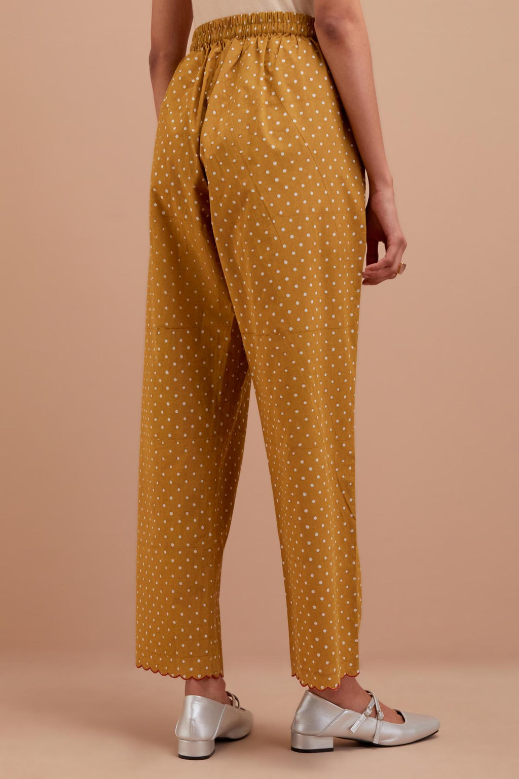 Olive Yellow Cotton straight pants with all-polka dot hand block print.