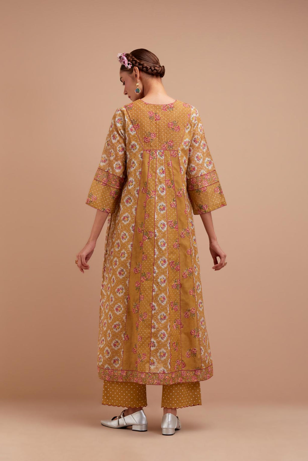 Olive Yellow Silk Chanderi hand block printed kurta dress set with a V neck and multi panels.