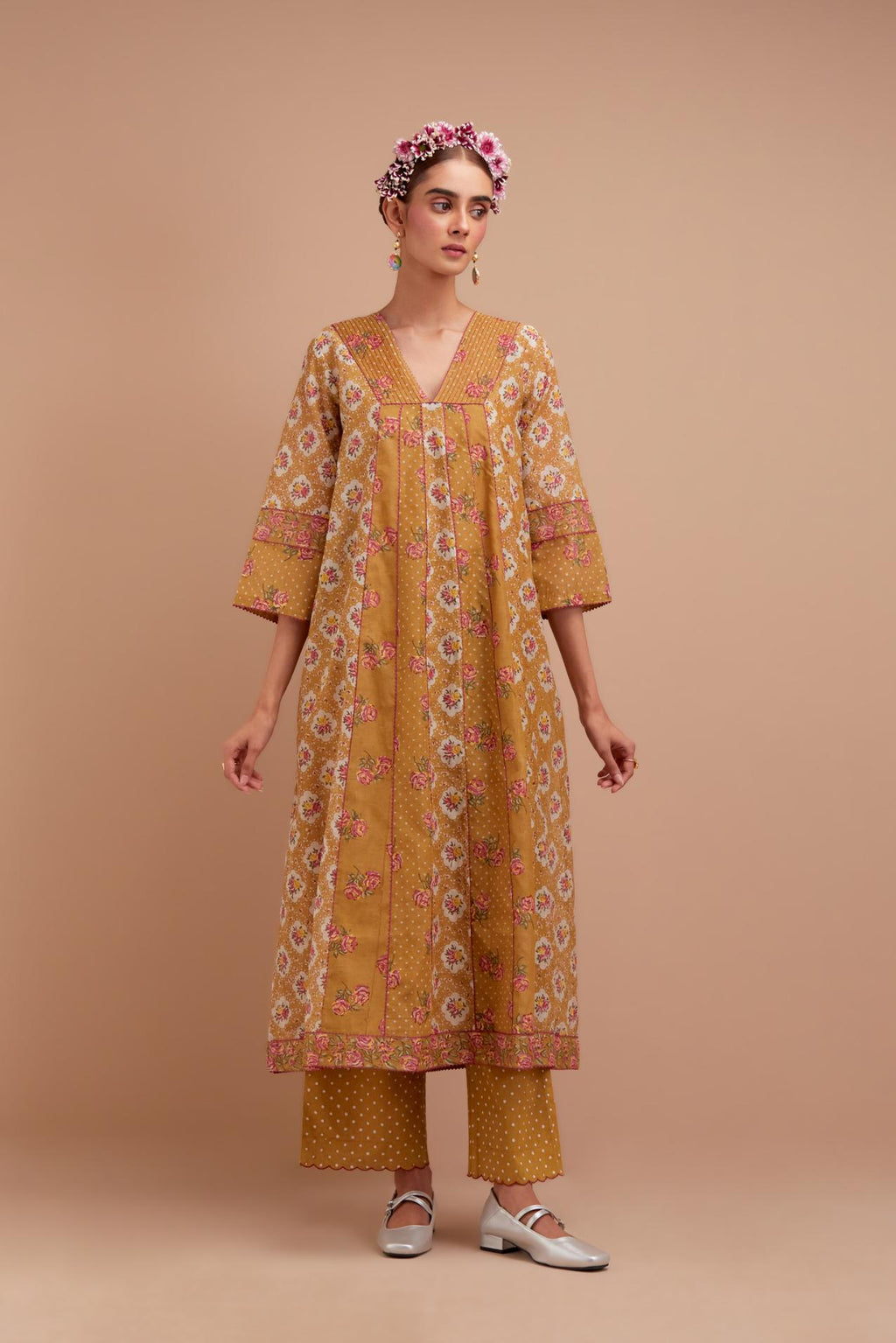 Olive Yellow Silk Chanderi hand block printed kurta dress set with a V neck and multi panels.