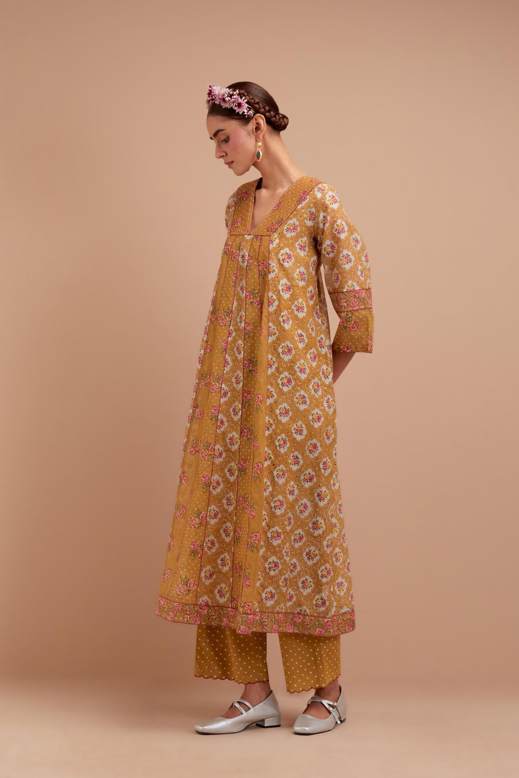 Olive Yellow Silk Chanderi hand block printed kurta dress set with a V neck and multi panels.