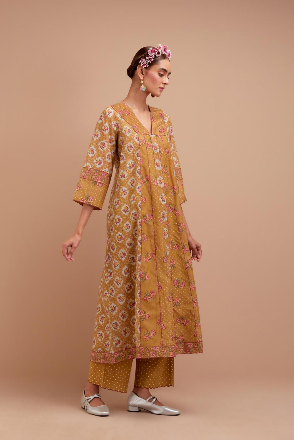 Olive Yellow Silk Chanderi hand block printed kurta dress set with a V neck and multi panels.