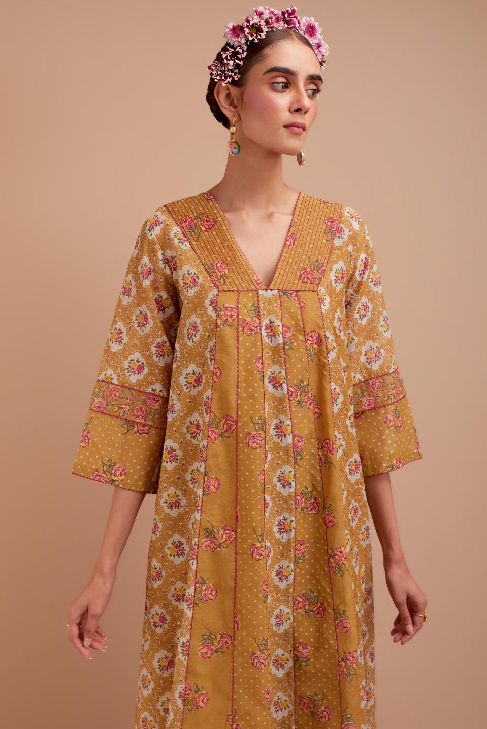 Olive Yellow Silk Chanderi hand block printed kurta dress set with a V neck and multi panels.