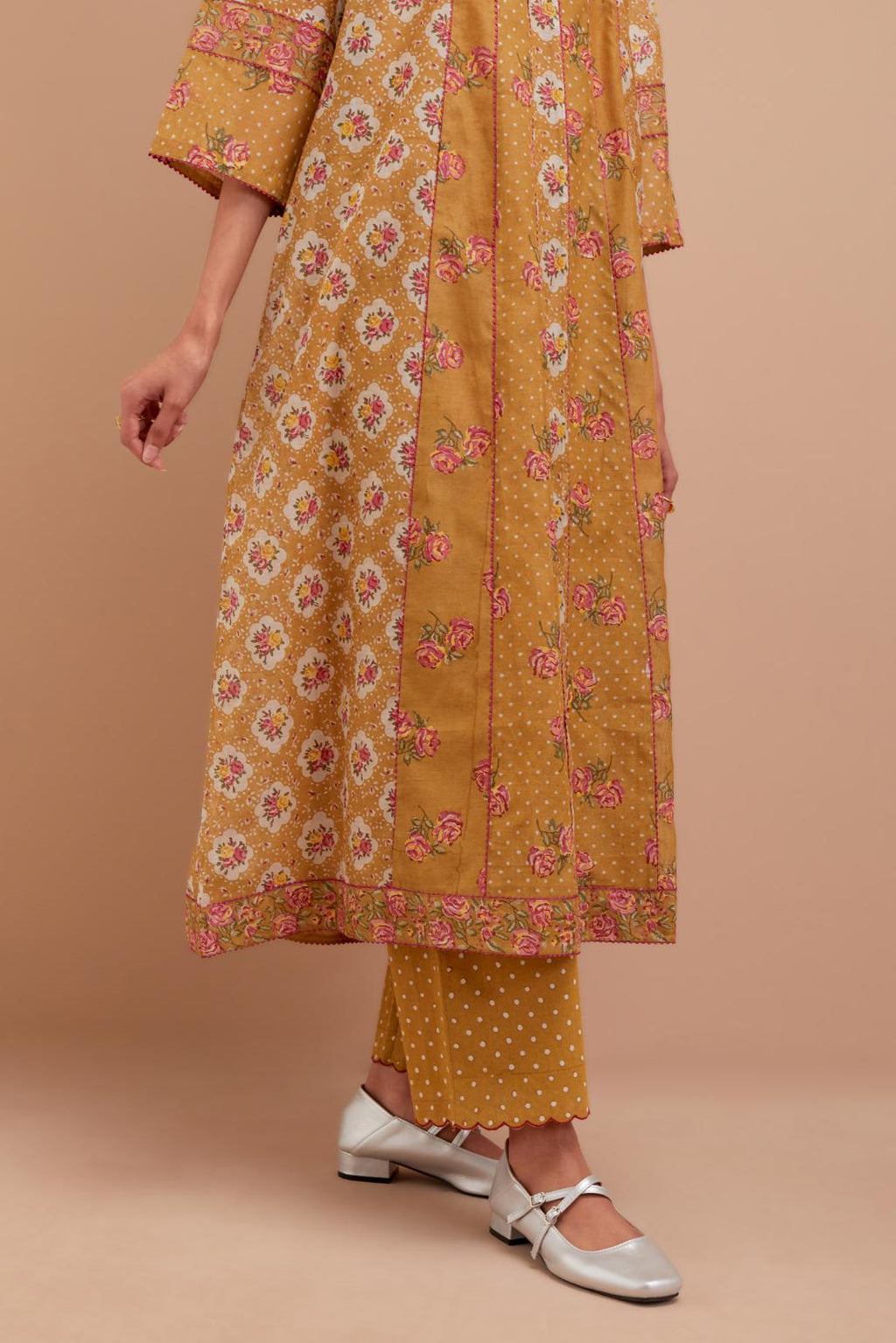 Olive Yellow Silk Chanderi hand block printed kurta dress set with a V neck and multi panels.