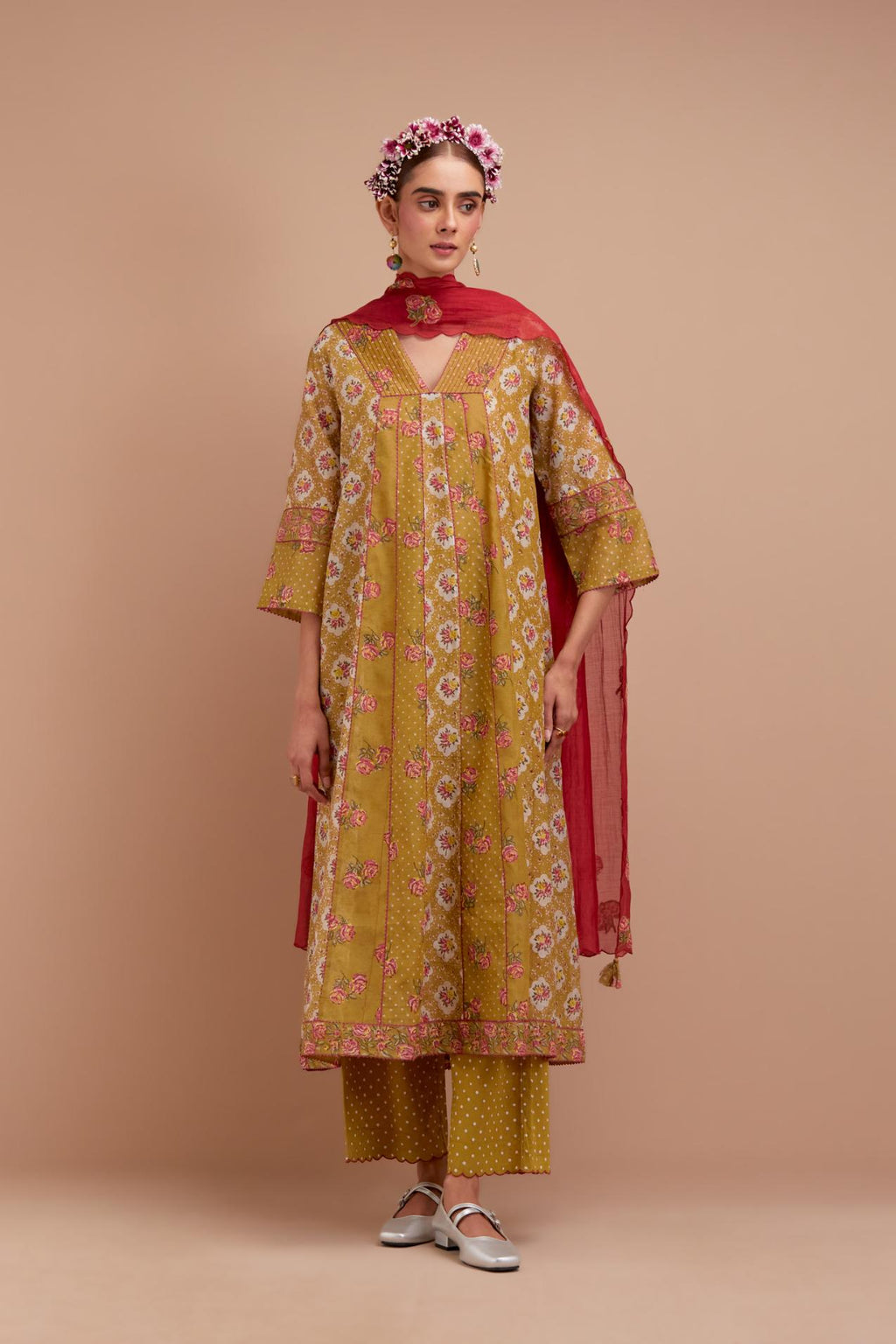 Olive Yellow Silk Chanderi hand block printed kurta dress set with a V neck and multi panels.