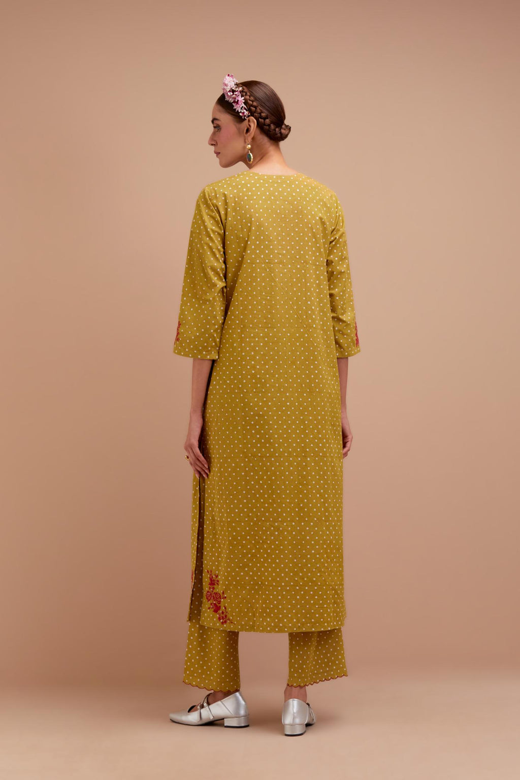 Olive Yellow Cotton straight long kurta set with all-over polka dot hand block print & embroidered floral bootas at the side hem.