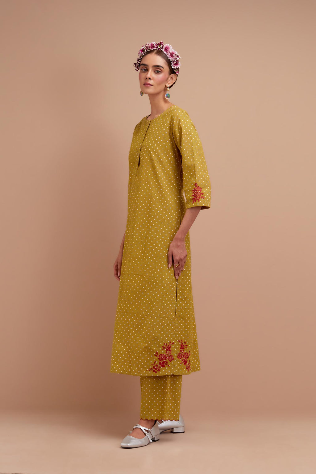 Olive Yellow Cotton straight long kurta set with all-over polka dot hand block print & embroidered floral bootas at the side hem.
