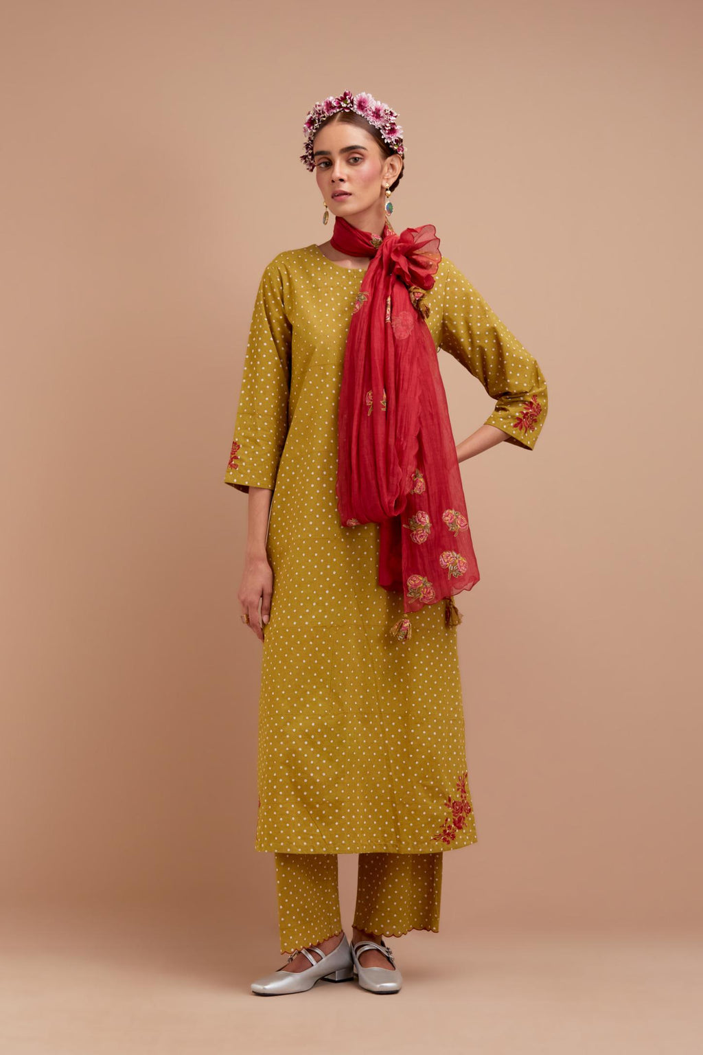 Olive Yellow Cotton straight long kurta set with all-over polka dot hand block print & embroidered floral bootas at the side hem.