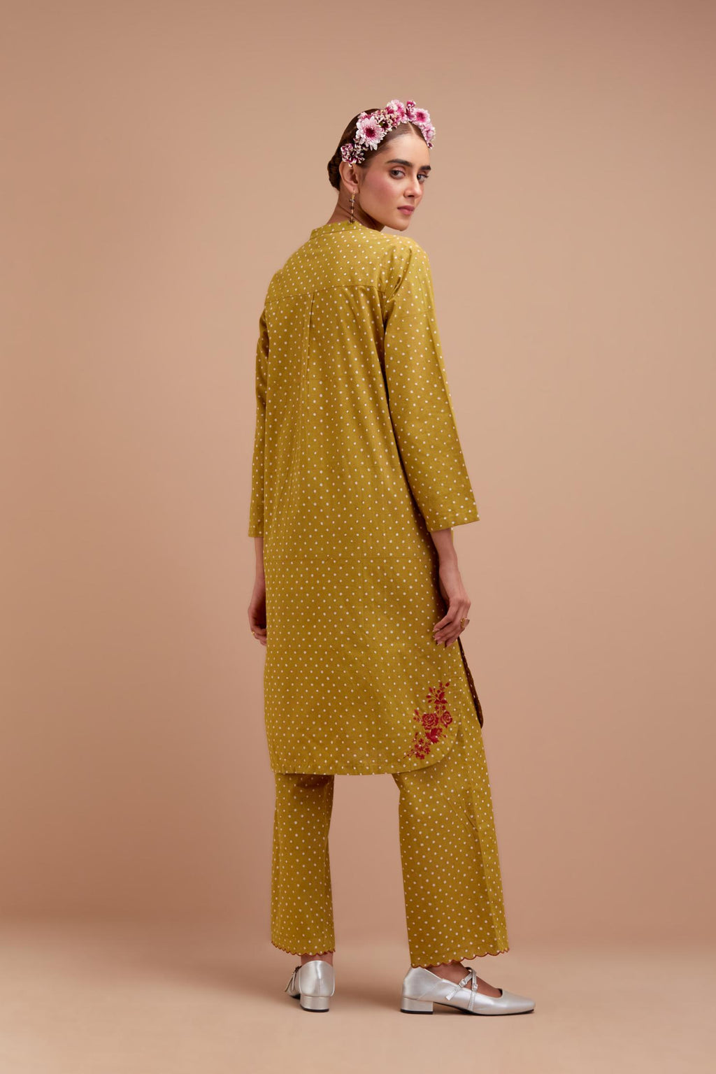 Olive Yellow Cotton straight short kurta set with all-over polka dot hand block print & embroidered floral bootas at the side hem.